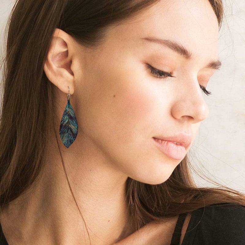 SPUNKYsoul Handmade Boho Lightweight Statement Leaf Earrings with Detailed Texture for Women (Medium) - Image 2